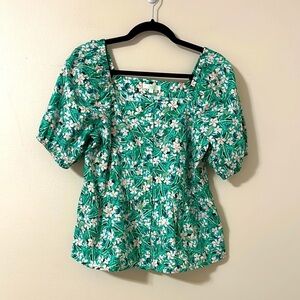 Jade Womens Green Floral Print Puff Sleeve Linen Blend Top Sz Small Preppy Chic